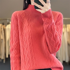 秋冬新款羊毛半高领绞花毛衣女宽松显瘦保暖针织衫，女装羊毛衫，秋虹羊绒