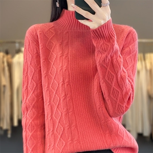 秋冬新款羊毛半高领绞花毛衣女宽松显瘦保暖针织衫图片