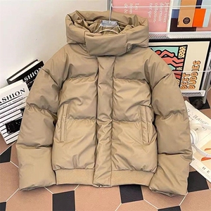 现货5W件冬季三防重磅boxy短款羽绒连帽PU皮棉衣外套防风加厚棉服,格子粉色风衣怎么搭配好看又时尚图片