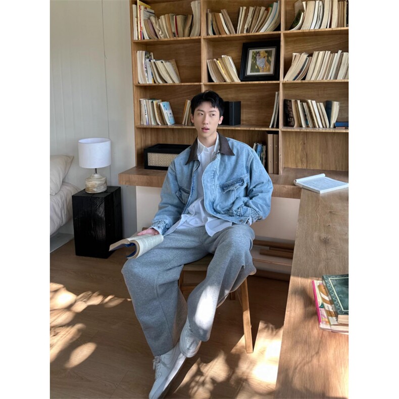 美式复古水洗做旧皮衣领拼接翻领重磅宽松牛仔外套夹克,男装皮衣,四季星座505