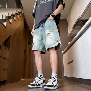 破洞牛仔短裤男士夏季薄款直筒五分裤新款美式复古中裤S2322-p40图片