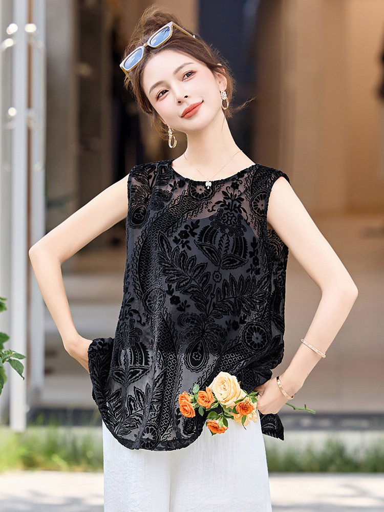 时尚设计感后背开叉套装女2025夏季复古丝绒提花背心阔腿裤两件套,女装T恤,美沁