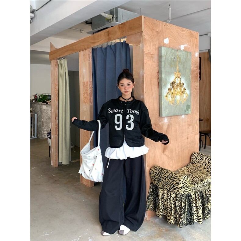 B6007-P52ZHLStudio美式复古辣妹字母印花网纱外套女秋季宽松,男装T恤,电商B323A
