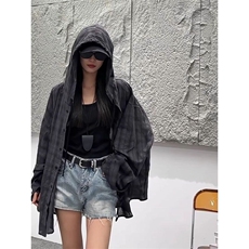 慵懒风松弛感格纹防晒衬衫女新款夏季宽松长袖亚麻上衣连帽外套潮，男装防晒衣，星座1210-1