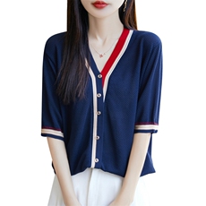 撞色冰丝针织V领假开衫短袖T恤女2025夏新款时尚宽松休闲气质上衣，女装针织衫/毛衣，源达羊绒