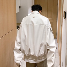 美式复古高街白色皮衣外套男春秋款潮牌小众高级感短款机车服夹克，男装夹克，星座410-7