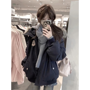 美式潮牌连帽毛领派克棉服男女情侣装冬加厚刺绣工装羽绒棉服MF09图片
