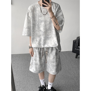 8XL-M青少年扎染短袖t恤休闲运动套装男生夏季宽松大码TZ38001P55图片