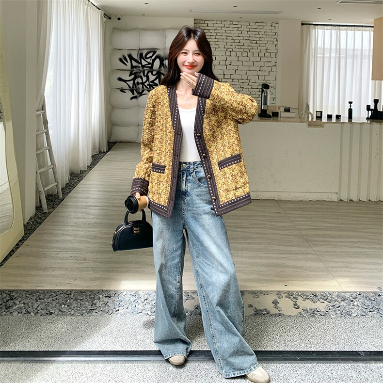 轻奢小香风黄色粗花呢外套女春秋2025新款小个子减龄超火流行上衣,女装毛呢外套,2C029