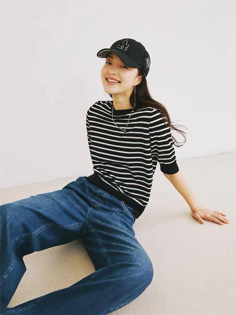 时尚减龄条纹短袖精纺仿羊毛针织衫显瘦百搭女款上衣,针织衫/毛衣,雪真羊绒
