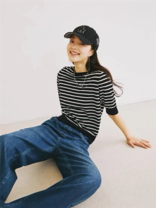 时尚减龄条纹短袖精纺仿羊毛针织衫 显瘦百搭女款上衣图片