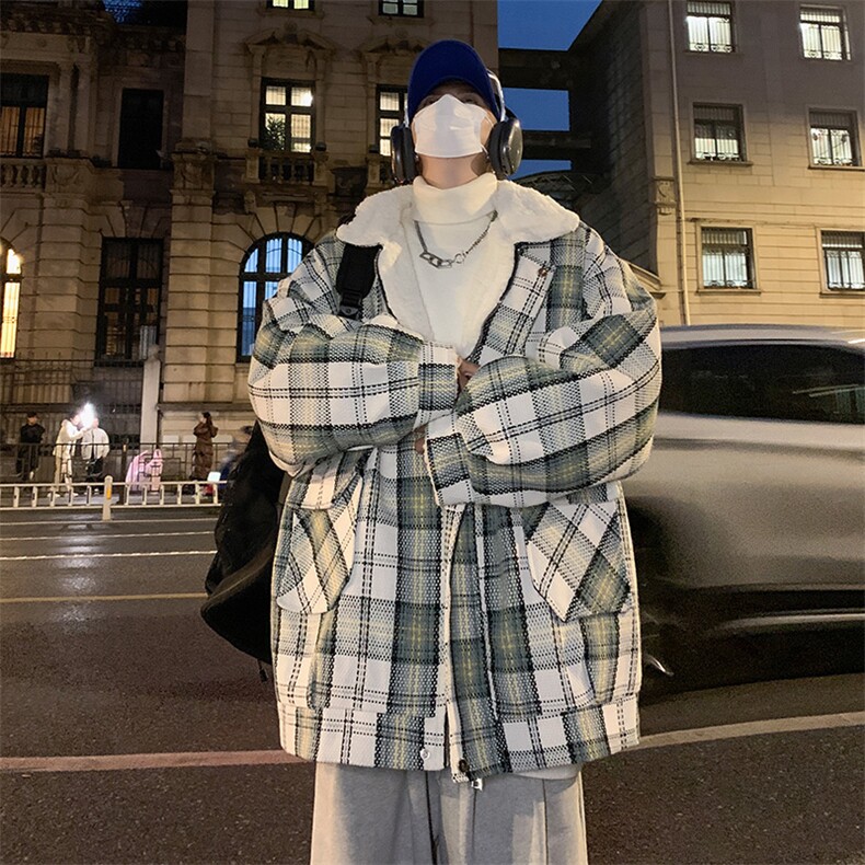 冬季小香风格子棉衣羊羔毛棉服男加绒加厚保暖外套M2311-P100,男装棉衣,星座1213