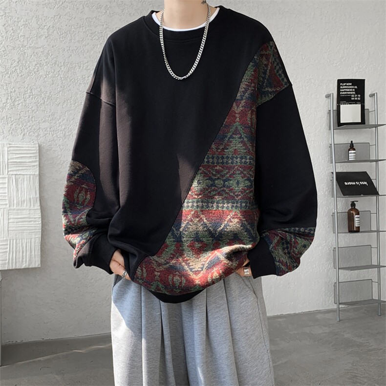 8XL-M民族风拼接卫衣大码胖子费尔岛上衣圆领复古外套WY5106/P55,男装民族服装,电商B238
