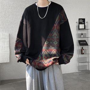 8XL-M民族风拼接卫衣大码胖子费尔岛上衣圆领复古外套WY5106/P55图片