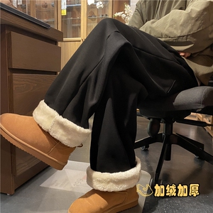 白花灰加绒保暖运动卫裤男冬季美式垂感加厚阔腿裤情侣直筒长裤子图片