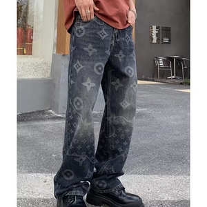 满印提花牛仔裤男秋季美式高街vibe直筒宽松阔腿潮牌痞帅炸街裤子图片