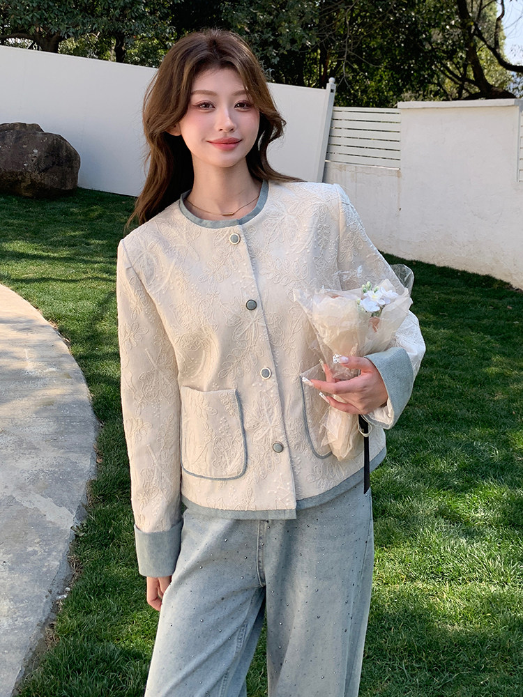 新中式轻国风米白色提花短外套女设计感假两件小香风名媛清冷上衣,女装短外套,浙宝208A