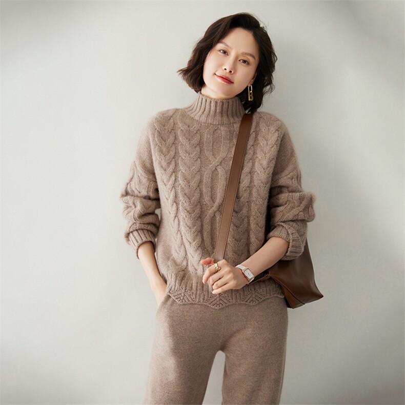 时尚麻花高领羊绒衫女士修身显瘦红色毛衣,女装羊绒衫,迎冬羊绒
