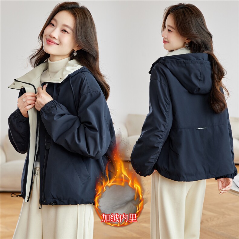 2025冬装新款简约时尚休闲连帽加绒外套，女装短外套，依倍林