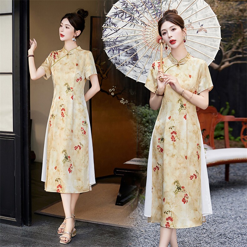 新中式印花垂感连衣裙女2026夏季新款修身气质贵夫人改良旗袍裙子,女装连衣裙,倪叶myz