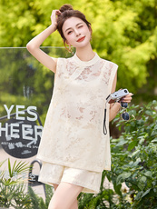 新中式国风套装女2025夏新款超好看绝美小个子微透上衣短裤两件套，女装套装/套裙，美沁