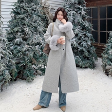 现货双旦主推款双面羊毛呢过膝长袖狐狸毛可拆卸加厚羊毛大衣，女装双面呢大衣，丝露怡语