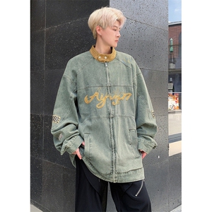 复古机车立领刺绣水洗牛仔夹克男女春秋潮嘻哈上衣外套 JK8635图片