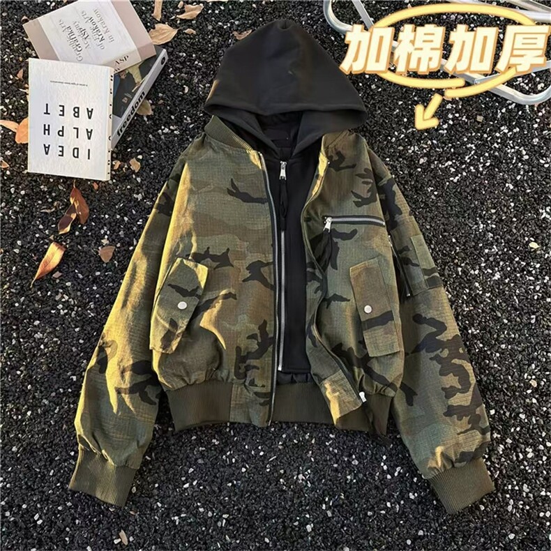 网图迷彩连帽外套棉服夹克假两件飞行棉衣QY1963-P95夹棉P110,男装夹克,电商A025
