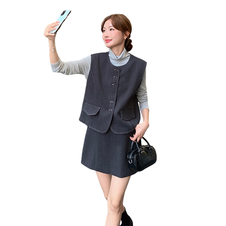 高级感时尚套装女灰色马甲长袖打底衫半身裙三件套女秋冬法式套装,女装套装/套裙,2C166