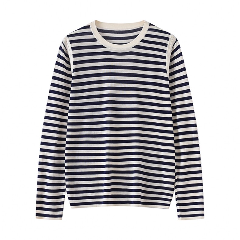 女士时尚经典百搭条纹圆领针织衫长袖，女装针织衫/毛衣，温伦斯特羊绒