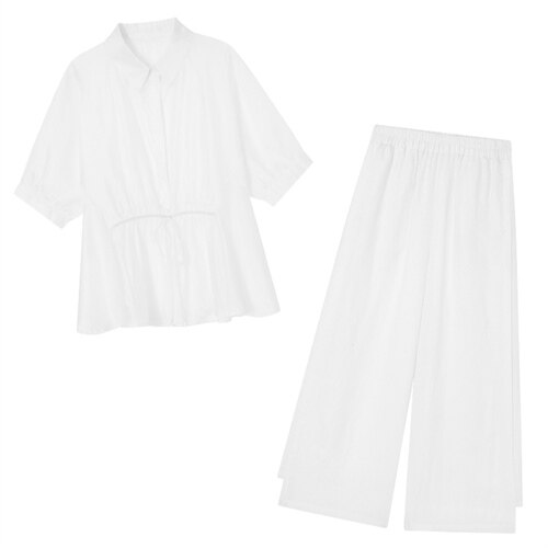 时尚衬衣套装女夏2025新款夏装韩版宽松显瘦气质棉麻两件套阔腿裤，女装套装/套裙，水衣源