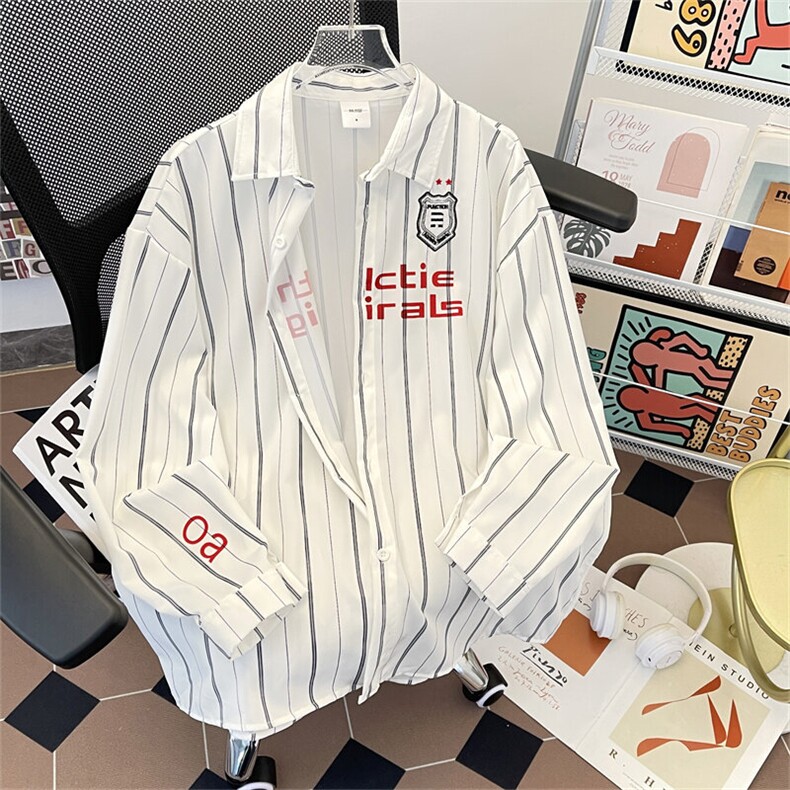 刺绣撞色条纹长袖衬衫潮宽松休闲情侣翻领外穿衬衣潮C0176-P43,男装衬衫,星座308B-1