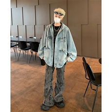 复古做旧水洗连帽牛仔外套男春秋季新款美式潮牌痞帅工装夹克上衣，男装夹克，星座410-6（原星座1304-1）