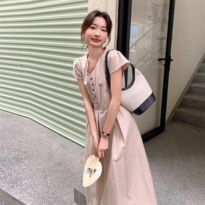 法式粉色V领连衣裙女2025夏季新款轻熟风修身显瘦中长款衬衫裙子图片