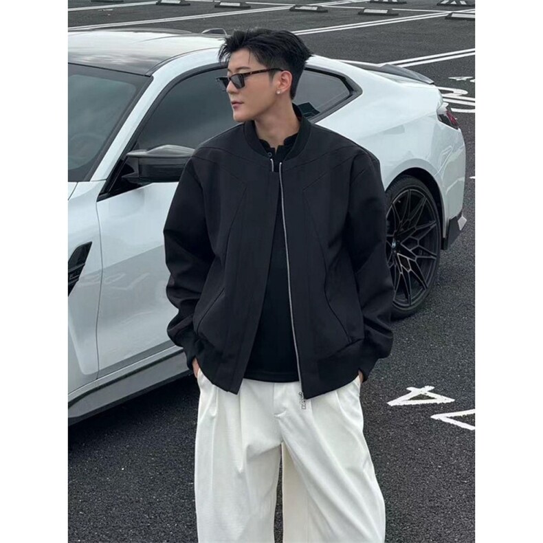 网图黑色美式红内短款飞行夹克男秋季解构倒三角设计感外套痞帅,男装夹克,四季星座505