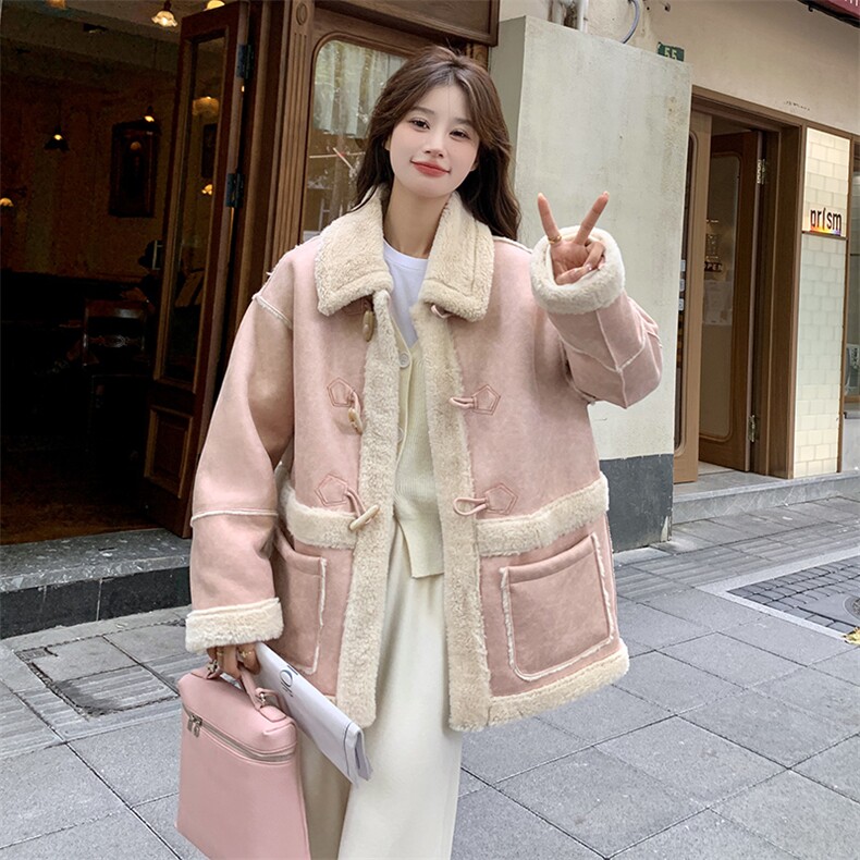 甜美粉色麂皮绒皮毛一体羊羔毛外套女秋冬2025新款时髦温柔风棉服,女装短外套,2B156