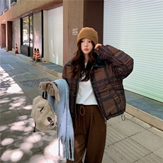 韩版宽松立领格子加厚棉服女装冬季小个子短款保暖面包服棉衣外套，男装棉衣，星座506A