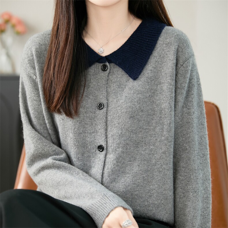 学院风POLO领拼色针织开衫女加厚毛衣外套2025新款法式高端打底衫,针织衫/毛衣,唐诺