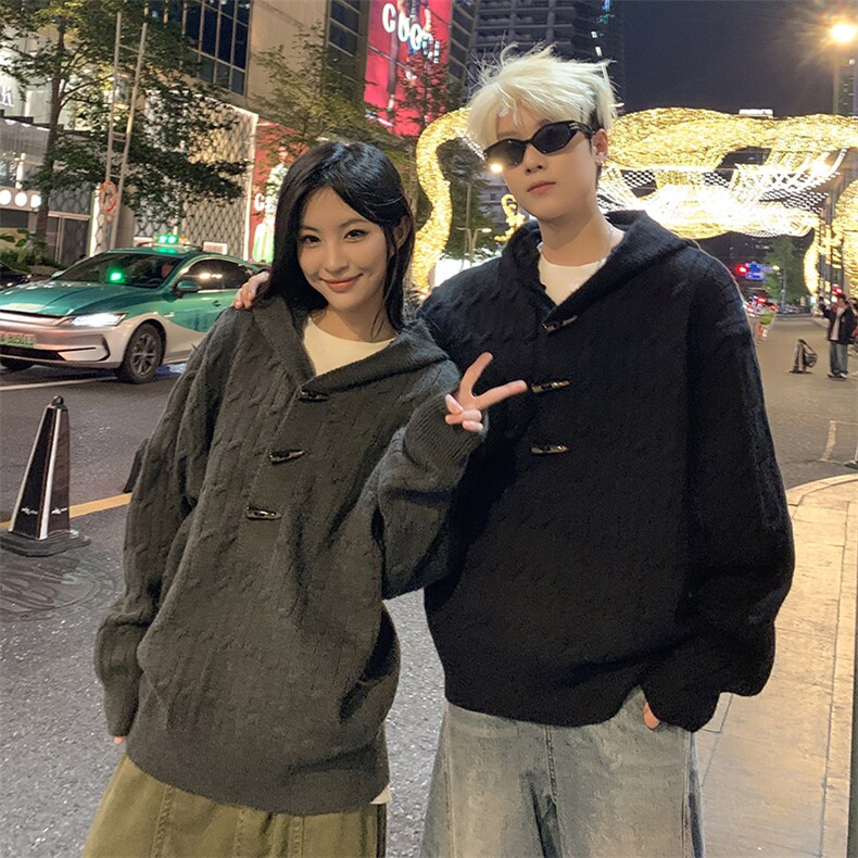 高质量牛角扣连帽麻花针织衫宽松毛衣情侣外套XZ212-1-QMY038-P78,男装针织衫/毛衣,星座212-1