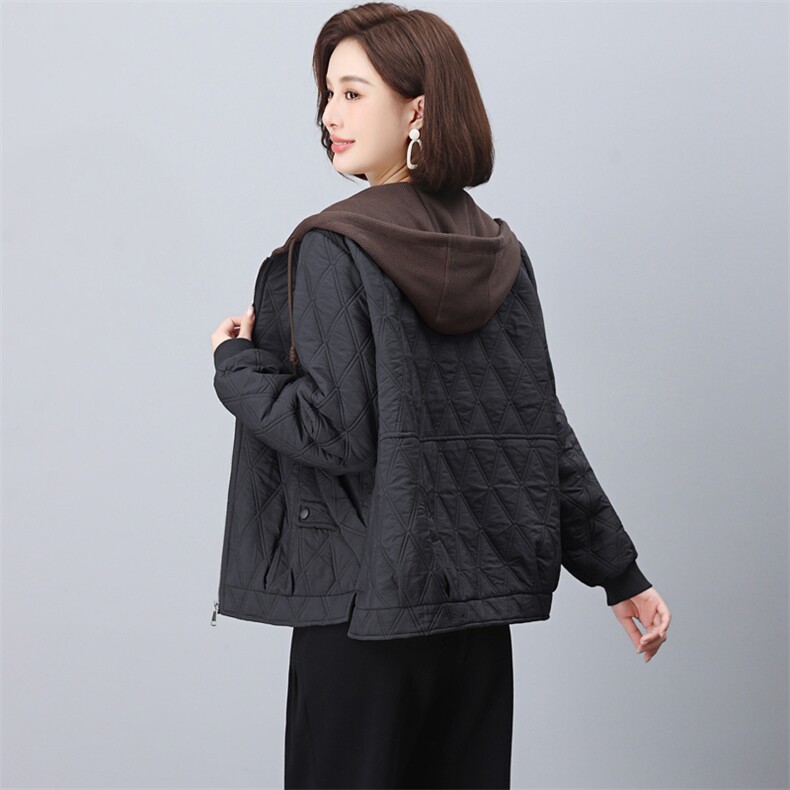 长期现货时尚休闲早春秋夹棉外套女短妈妈装2026新款棒球服连帽,女装短外套,璐依舞