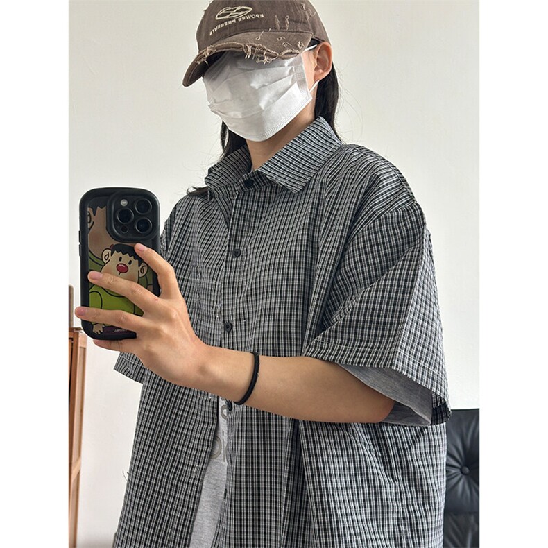 格子衬衫春夏美式短袖衬衫港风情侣装休闲衬衣CS286-P30,男装T恤,星座301C-5