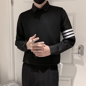 秋冬季衬衫毛衣男加绒加厚假两件针织衫长袖打底衫内搭针织衫Q446图片