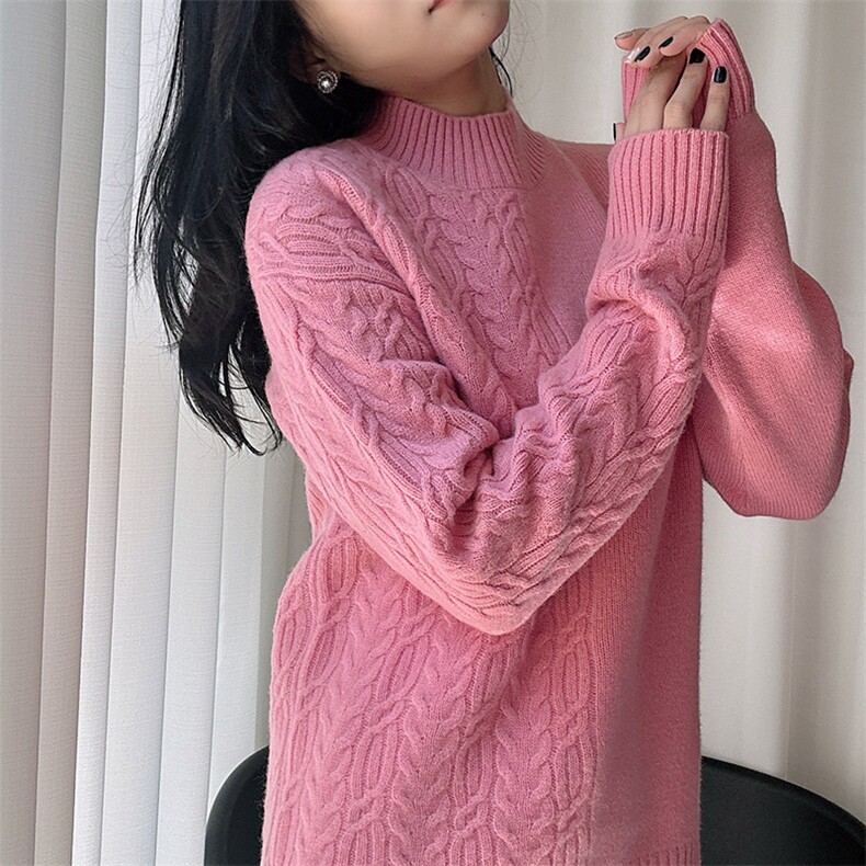 秋冬新款绞花毛衣女软糯宽松半高领加厚百搭羊毛针织打底衫,女装羊毛衫,臻纶羊绒
