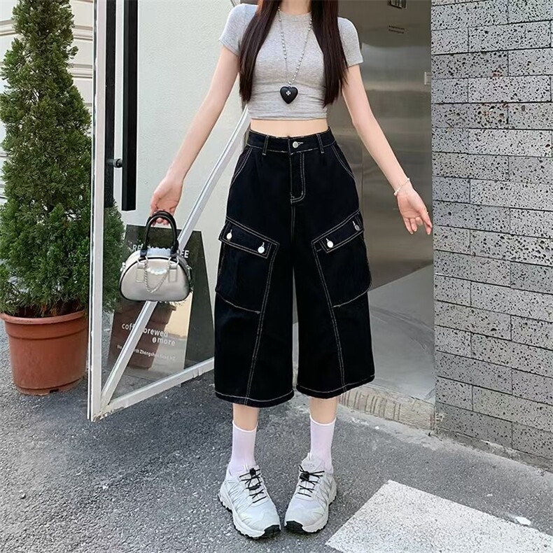 明线牛仔短裤女夏季新款美式多口袋裤子宽松阔腿七分裤,男装牛仔裤,星座506A