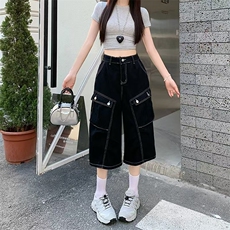 明线牛仔短裤女夏季新款美式多口袋裤子宽松阔腿七分裤，男装牛仔裤，星座506A