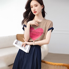 2023年夏季新款女时尚休闲气质小清新针织印花爱心上衣+半身裙，女装套装/套裙，奋斗女王