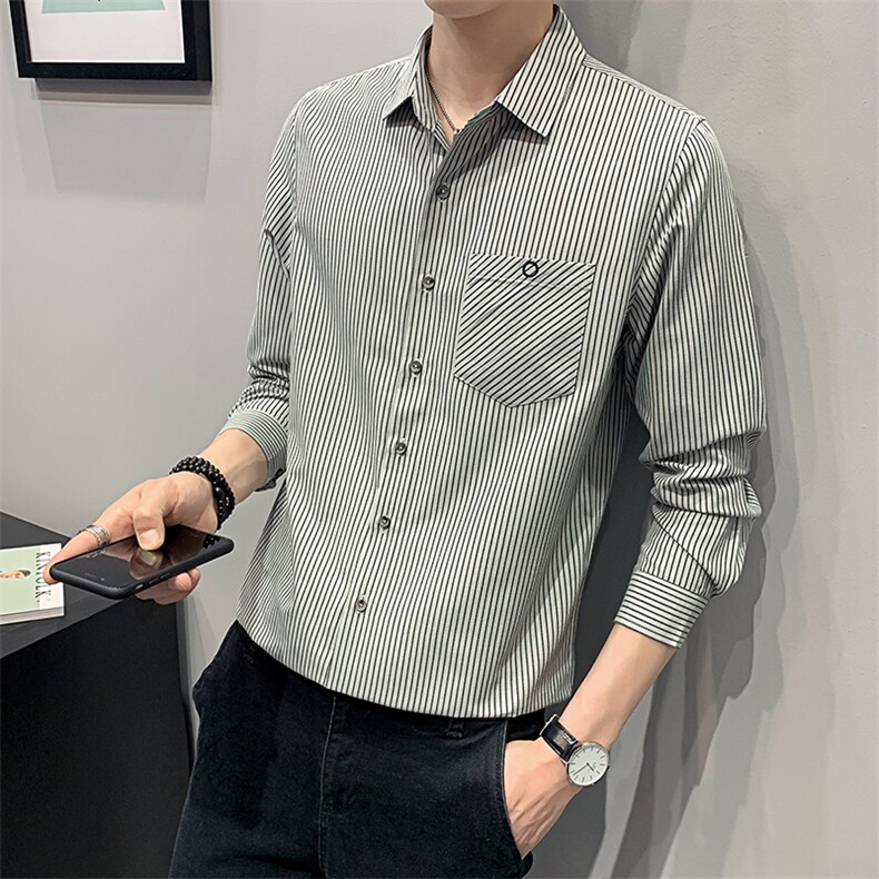 大货21秋 条纹时尚大码 衬衫男长袖韩版修身衬衣CS188P45控68图片