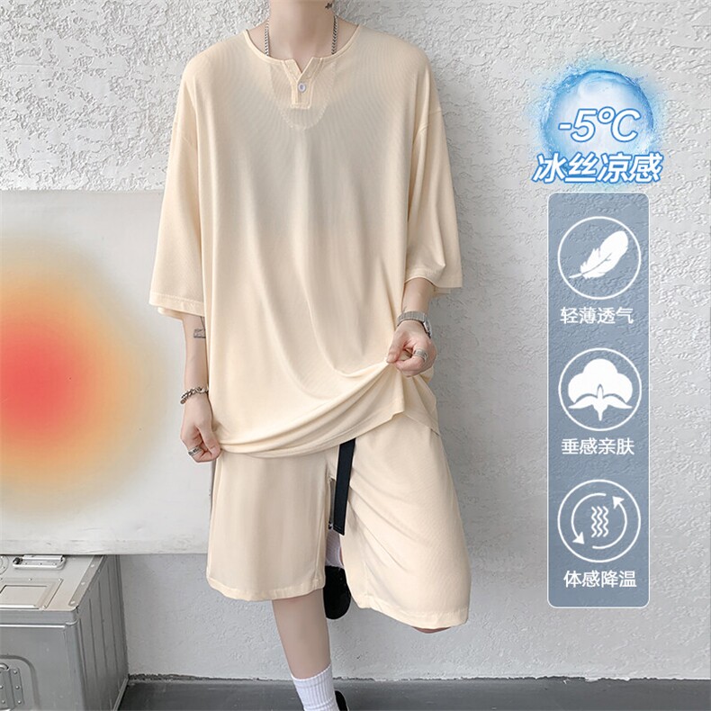 特批P45无差价夏季顺滑舒适冰丝薄款大码V领短袖短裤套装男TZ5596,男装休闲套装,电商A001