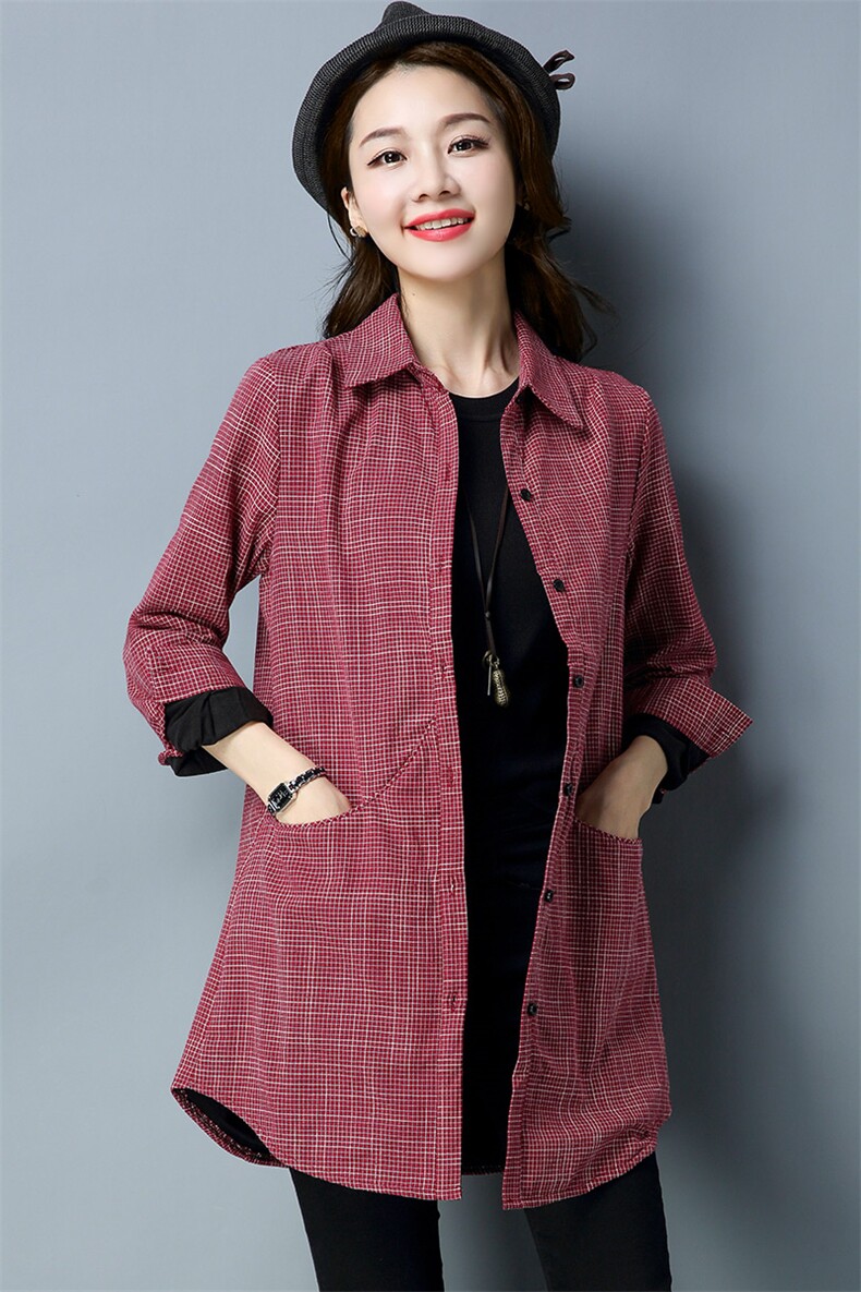 格子衬衫女长袖中长款加厚时尚休闲2021冬新款宽松加绒衬衣外套图片