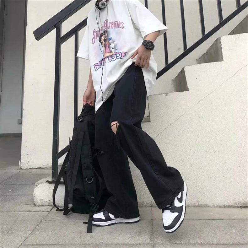 ins复古高街破洞百搭直筒牛仔裤宽松大码阔腿长裤男女NK6056-P40,男装牛仔裤,星座1008-1